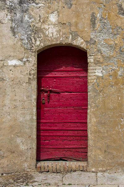 Opvallende rustieke rode deur in een verweerde gepleisterde muur van Wil Wijnen