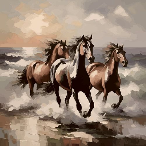 Galopperende paarden in de branding (aardetinten)