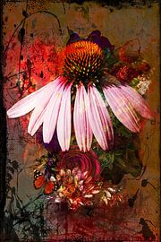 Coneflower avec rose et papillon sur Helga Blanke