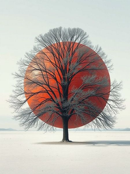 Solstice de l'orbe cramoisi : Un arbre d'hiver solitaire se détachant sur un horizon flamboyant par Artistic