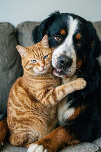 Cat and Dog Cuddle on Sofa