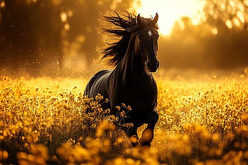 Paard in bloemenveld bij zonsondergang