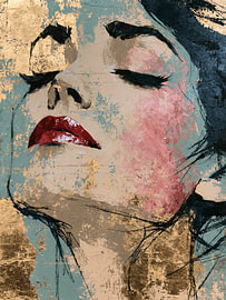 Portrait de femme rêveuse en rose et or sur SPEQ ART