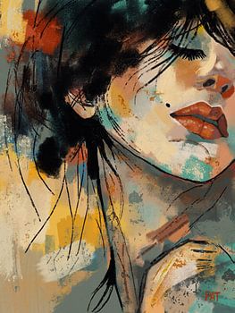 Yellow Serenity - Portrait de Femme Abstrait en Ocre et Sarcelle