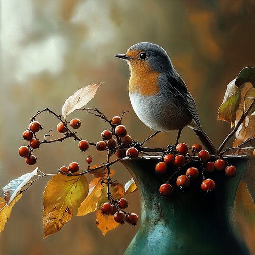 Rotkehlchen auf dem Beerenzweig