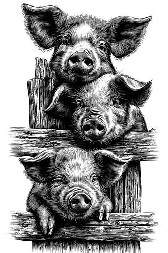 Three Piglets Detailed Vintage Line Art