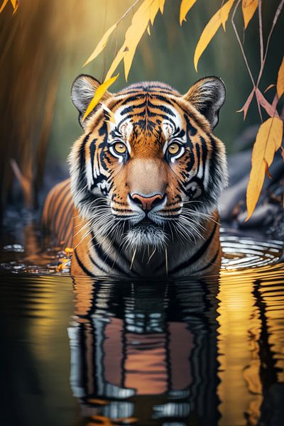 Tiger reflected in a small body of water by Vlindertuin-Art