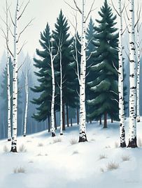 Stille winter's omhelzing: Een sereen boslandschap van torenhoge evergreens en sierlijke berkenbomen van Artistic