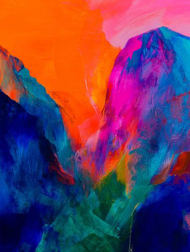 Paysage montagneux abstrait aux couleurs néon sur But First Framing