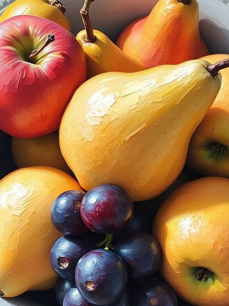 Eine pulsierende Herbsternte: Ein realistisches Stillleben mit saftigen Äpfeln, goldenen Birnen und prallen Trauben von Artistic
