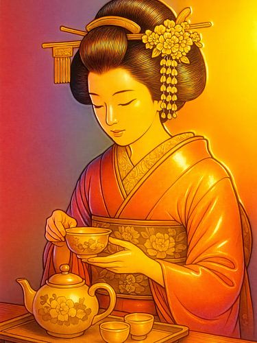 Geisha in Japanse theeceremonie - Glansillustratie