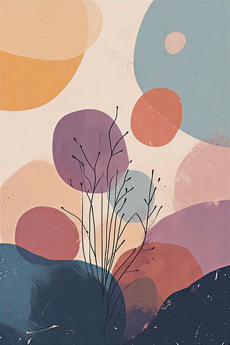 Modern Boho Abstract Wall Art - Teal Terracotta Purple and Yellow Organic Shapes and Delicate Plant Sprigs Illustration