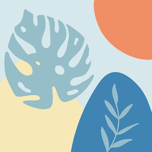 Zomertijd. Tropische botanische abstracte bladeren in terracotta, blauw en geel nr. 9