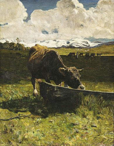 Bruine koe bij de drinkbak, Giovanni Segantini...
