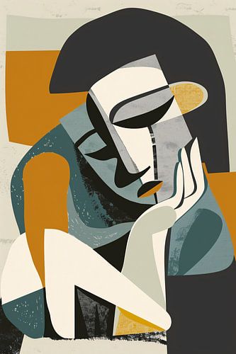Kubistisch portret van een vrouw in gedachten