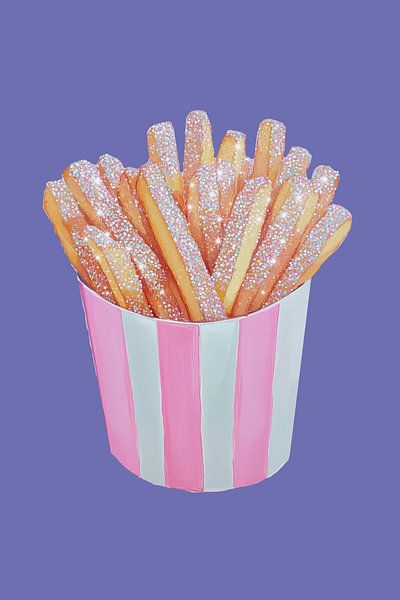 Frites pailletées dans un gobelet rose à rayures - Unique Food Art par Melloi Art Prints