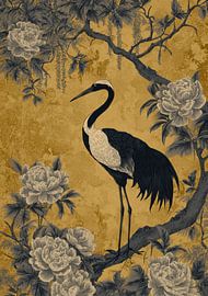 A crane amongst peonies on a gold background by Niklas Maximilian