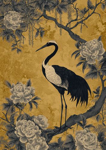 Een kraanvogel tussen pioenrozen op een gouden achtergrond