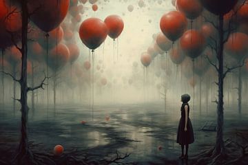 Sehr schöne Frau in einem bizarren Wald aus Luftballons von Art Bizarre