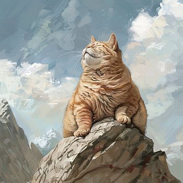 Sunbathing cat on mountaintop, decorative art.
