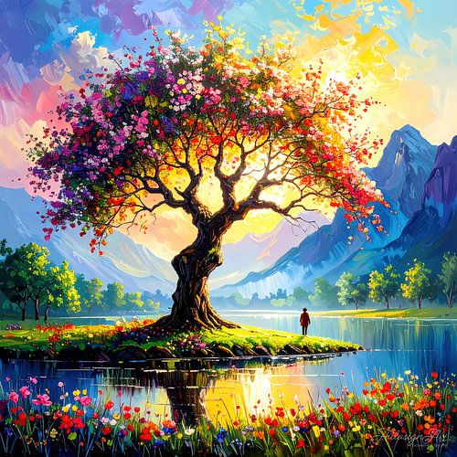 Ce paysage aux couleurs intenses, à la manière d'un tableau, transporte le spectateur dans une scène de rêve pleine de vie et de jeux de couleurs. Au centre de l'œuvre se trouve un vieil arbre imposant, conçu avec fantaisie, dont la couronne tentaculaire brille de riches couleurs rougeâtres et est parsemée d'innombrables fleurs. Ses branches s'élèvent gracieusement au-dessus d'un grand lac forestier paisible, comme si elles voulaient se refléter dans le doux jeu de la surface de l'eau.  Un arbre unique et vénérable trône tel un arbre de vie sur une étroite langue de terre qui - parsemée de fleurs et de verdure luxuriante - repose comme une île fleurie flottant sur le lac tranquille. Presque sur le bord droit de cette oasis colorée se tient une femme, vue de dos. Dans un recueillement silencieux, elle regarde par-dessus l'eau un massif montagneux rocheux et escarpé qui se dresse au loin et domine l'horizon.  La partie inférieure de l'image est dominée par une végétation luxuriante et fleurie - une mer de couleurs qui s'intègre en douceur dans la composition. Le ciel s'étend sur la scène dans des tons bleus tout en nuances. En haut à droite, la lumière claire et dorée du soleil se brise à travers la couronne dense des arbres, illumine les branches et plonge l'arbre dans une lueur presque magique.  En arrière-plan, le paysage s'ouvre sur l'immensité - les montagnes se dressent avec des contours nets et marqués, conférant à l'image profondeur et majesté. Le soleil lui-même n'est que partiellement visible, mais sa lumière remplit la scène d'une présence silencieuse, presque surnaturelle.  Le tableau réunit ainsi nature et imagination en une vision harmonieuse : l'arbre de vie ancestral, l'eau calme et la roche imposante se fondent en une image poétique de calme, de nostalgie et de luminosité intérieure.
