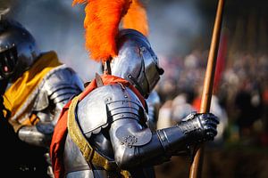 Ritter in Rüstung mit orangefarbenem Federbusch, auf einem Pferd reitend