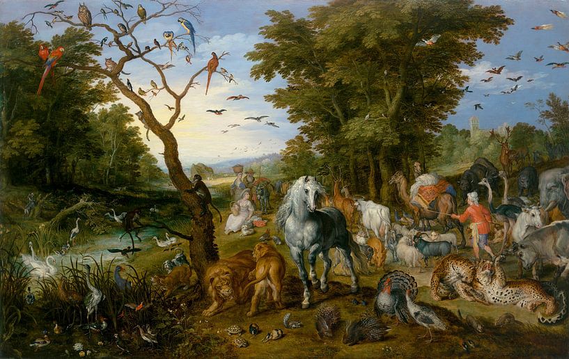 Paradieslandschaft mit den Tieren, die in die Arche Noahs eindringen, Jan Brueghel der Ältere von Meesterlijcke Meesters