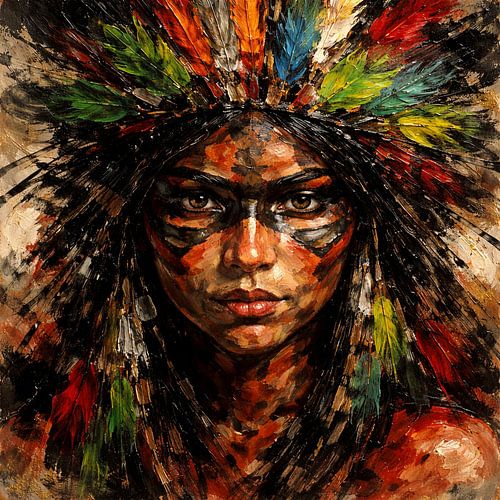 Portrait d'un guerrier tribal à plumes