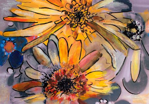 Mixed media with different flowers.