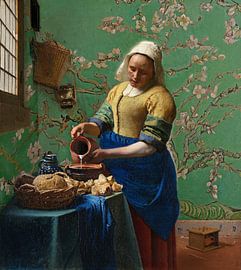 The milkmaid with almond blossom wallpaper (Green) - Vincent van Gogh - Johannes Vermeer by Lia Morcus