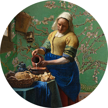 Het melkmeisje met Amandelbloesem behang (Groen) - Vincent van Gogh - Johannes Vermeer van Lia Morcus