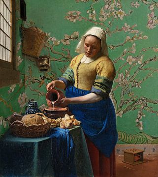 Das Milchmädchen mit Mandelblüten-Tapete (Grün) - Vincent van Gogh - Johannes Vermeer von Lia Morcus