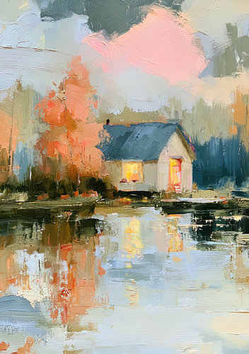 An idyllic house by the lake at dusk