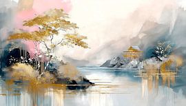 Japandi Art:  Sereen Japans Water-/Berglandschap van Studio Pieternel