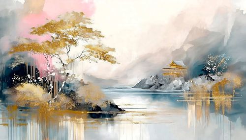 Japandi Art:  Sereen Japans Water-/Berglandschap