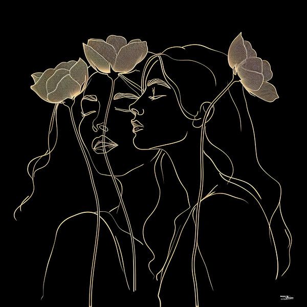 Strichzeichnung einer Frau mit einer Blume von Gelissen Artworks