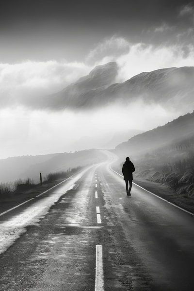 Lonely hiker - black and white photograph of an endless road by Poster Art Shop