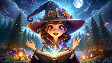 Bezwering bij maanlicht: Heksenmeisje in het bos van artefacti