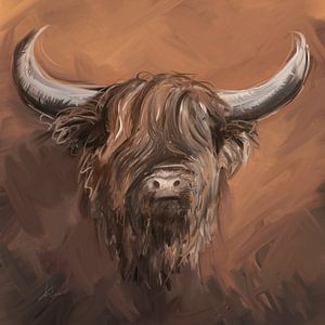 Schottischer Highlander mit natürlichen Erdtönen in Taupe-Braun und weißen Akzenten.