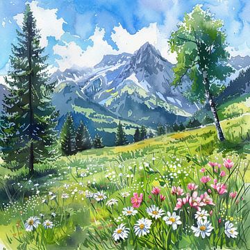 Aquarel berglandschap bloem weide bergen sparren van gm_designs