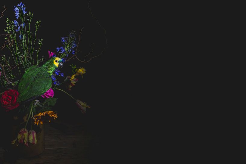 Green parrot with flowers by Corrine Ponsen
