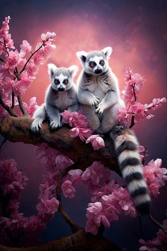 Exotische Lemuren - Tiere zwischen rosa Kirschblüten