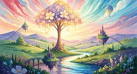 Fantasielandschaft mit Baum, Schlössern, Brücken und Ballon von Markus Gann