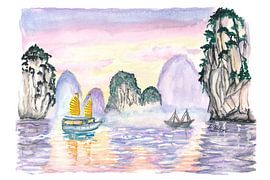 Ha Long Dragon Bay in Vietnam with Traditional Sails by Markus Bleichner