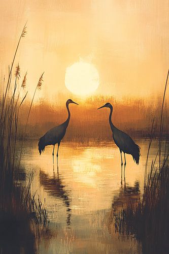 Twee kraanvogels bij zonsondergang