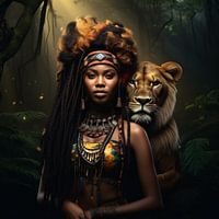 Portrait Painting African Woman with Lion