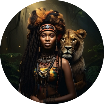 Portret Schilderij Afrikaanse Vrouw met Leeuw van Surreal Media