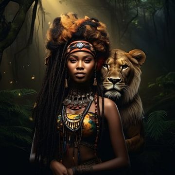 Portrait d'une femme africaine avec un lion sur Surreal Media