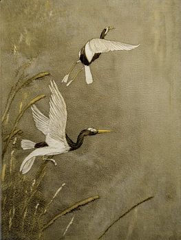Japandi stijl: 2 vliegende kraanvogels