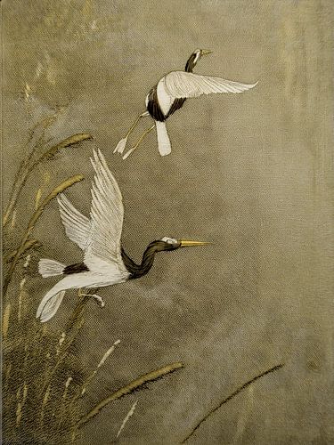 Japandi stijl: 2 vliegende kraanvogels